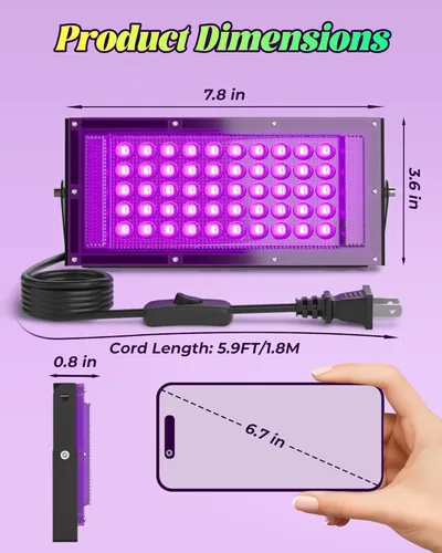 Miniatura 5 de Paquete de 2 Luces Negras LED de 50W, Reflector de Luz Negra para Fiesta Brillante IP66 Impermeable, Luces Negras Exteriores con Interruptor