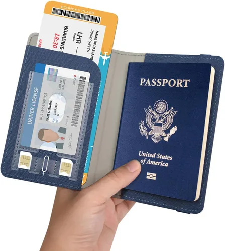 Miniatura 7 de RSAquar Soporte para pasaporte para mujeres y hombres, de piel sintética de alta calidad, cartera de pasaporte de viaje, con bloqueo RFID, cubierta