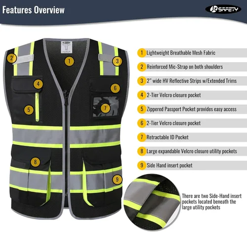 Miniatura 3 de JKSafety Chaleco reflectante de seguridad de alta visibilidad con 9 bolsillos de malla para hombres y mujeres Cremallera frontal Múltiples