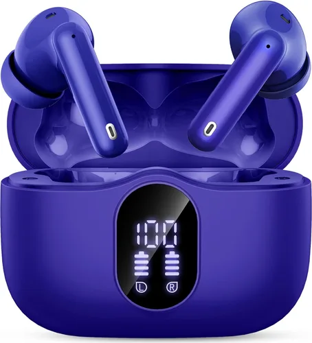 Miniatura 11 de Auriculares inalámbricos, Bluetooth 5.4, auriculares estéreo con graves y micrófono con cancelación de ruido, pantalla LED en el oído, llamadas Oro