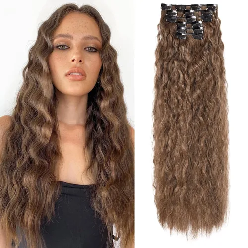 Miniatura 18 de Flufymooz - Extensiones de cabello con clip, 6 unidades, extensiones de cabello largas con ondas de sirena, sintético, postizo para mujer, 24 Marrón