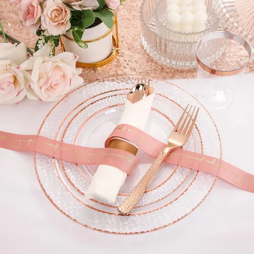 Miniatura 8 de Liacere 350 platos de plástico color oro rosa, platos desechables de rosa transparente, 50 invitados, incluyen 50 platos llanos, 50 platos