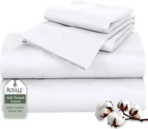Miniatura 12 de ROYALE LINENS Juego de sábanas de 300 hilos 100% algodón peinado de fibras largas, 4 piezas, 1 sábana bajera, 1 encimera y 2 fundas de almohada