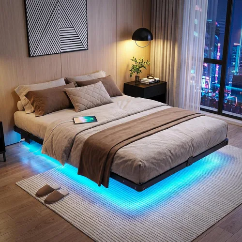 Liians Marco de cama flotante moderno de tamaño completo con luces LED inteligentes, estación de carga USB, plataforma de metal resistente, no