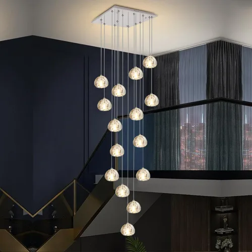 Miniatura 13 de Candelabro de cristal LED moderno, lámpara colgante de gota de lluvia, lámpara de techo de bola de cristal, 14 luces para escalera, sala de estar