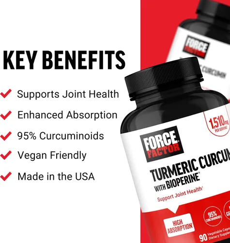 Miniatura 2 de Force Factor Suplemento de curcumina de cúrcuma con pimienta negra, suplemento de apoyo articular con BioPerine para una mayor absorción, sin