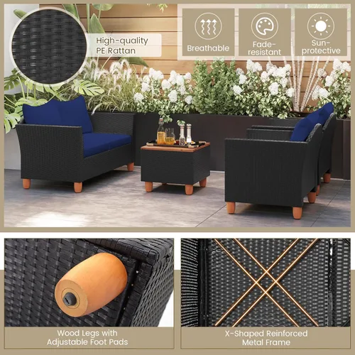 Miniatura 5 de HAPPYGRILL Juego de 4 piezas de mimbre para patio, silla de ratán de polietileno y otomana con cojines extraíbles, mesa de centro de almacenamiento