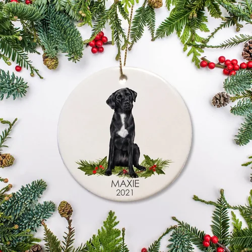 Adorno de Navidad personalizado de laboratorio negro con pecho blanco, regalo para amantes de los perros, 1ª Navidad 2021, recuerdo de cerámica para
