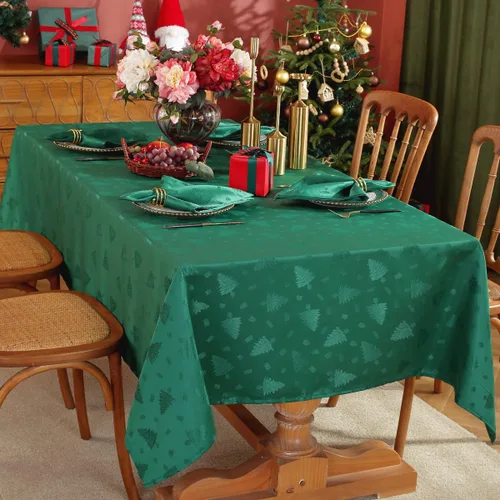 Miniatura 10 de Honellaty Mantel Verde de Navidad, Tela Jacquard con Patrón de Árbol de Navidad Mantel Rectangular, Mantel de Damasco para Mesas Rectangulares