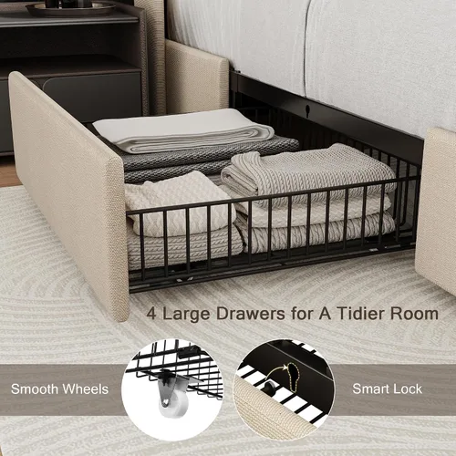 Miniatura 3 de Einhomn Marco de cama de tamaño completo con 4 cajones de almacenamiento y estación de carga, marco de cama plataforma tapizada con cabecera de Beige