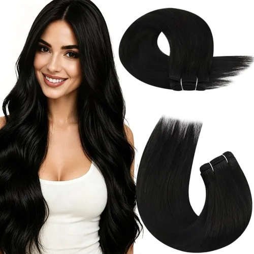 Miniatura 58 de Moresoo - Extensiones de cabello humano real cosidas, Remy, lacio, doble trama, color negro jet, 14 pulgadas, 3.53 onzas