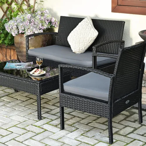 Miniatura 3 de Juego de 4 muebles de patio para exteriores, juego de sofá de mimbre con cojín gris resistente al agua y mesa de vidrio templado para patio trasero