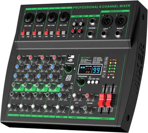 MW-6 negro Mezclador de audio profesional DJ de 6 canales Controlador portátil con DSP 99 efectos preestablecidos para transmisión en vivo,