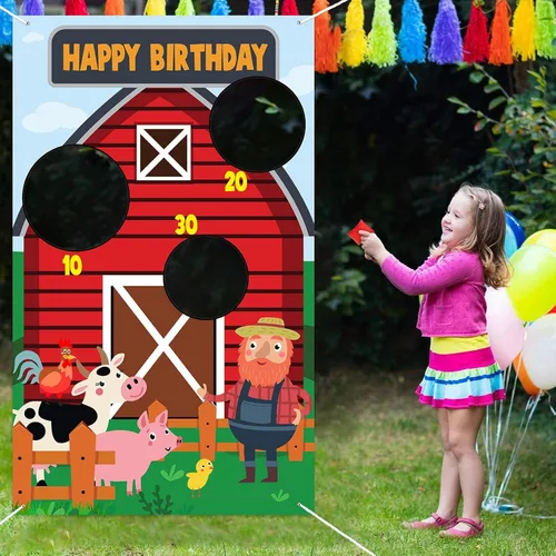 Miniatura 5 de Cartel de juegos de lanzamiento de animales de granero rojo con temática de vaca, cerdo, pollo, decoración para fiesta de cumpleaños de niños