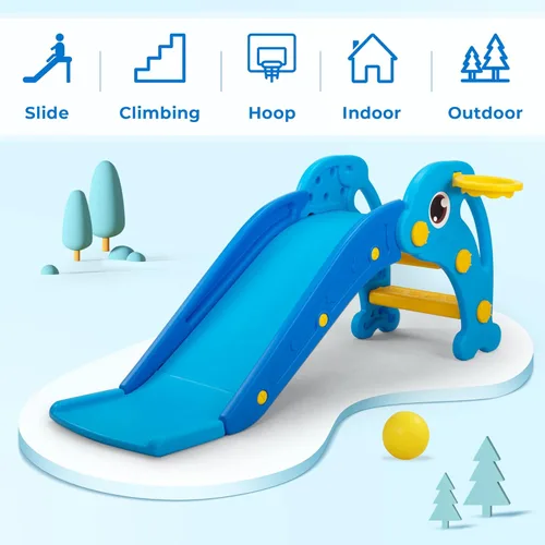 Miniatura 4 de NYEEKOY Tobogán 3 en 1 para niños pequeños, tobogán para bebés, juego de escalador de plástico con aro de baloncesto y pelota, patio de juegos Azul