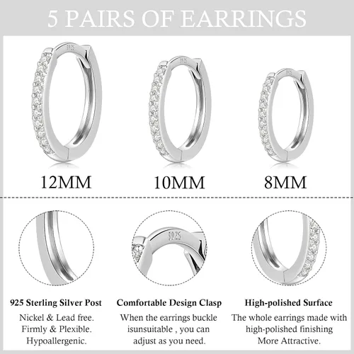Miniatura 3 de Juego de 4 pares de aretes de aro pequeños de plata de ley 925 para mujer, con circonita cúbica, aretes de hélix para múltiples piercings