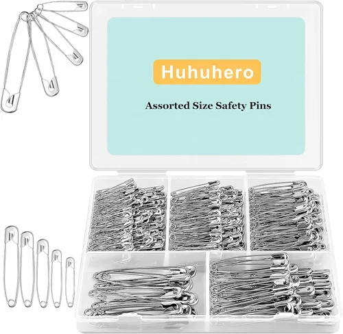 Huhuhero Paquete de 340 pasadores de seguridad surtidos, pequeños y grandes, resistentes para coser ropa, disfraces, 5 tamaños diferentes, pasadores