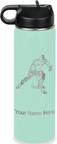 Miniatura 52 de LaserGram Botella de agua personalizada, jugador de hockey, acero inoxidable de doble pared aislada al vacío con popote superior, regalo grabado