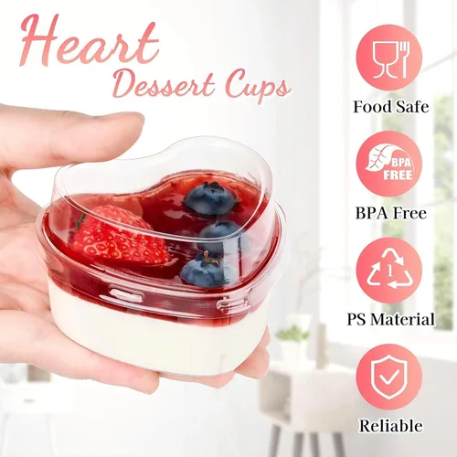 Miniatura 3 de TOFLEN Vasos de postre en forma de corazón de 5 onzas con tapas y cucharas, 300 unidades, sirve 100 unidades, mini vasos de plástico para postres
