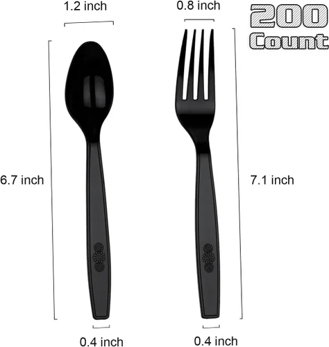 Miniatura 2 de MOACOCK 200 piezas de cubiertos de plástico negro plateado, tenedores y cucharas de plástico de peso pesado, juego de utensilios desechables