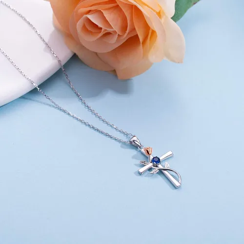 Miniatura 5 de BlingGem Collar de cruz para mujer, plata de ley 925, colgante de cruz de rosa, circonita cúbica 5A, 12 meses de nacimiento, joyería de cumpleaños