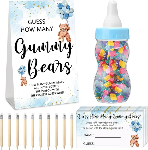 Qilery 122 Piezas Juegos de Baby Shower Adivina Cuántos Osos 100 Tarjetas de Adivinanzas 20 Lápices 1 Botella 1 Cartel de Madera en Pie para Juegos