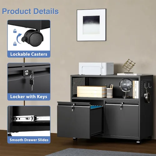 Miniatura 5 de Archivador de metal con 2 cajones con cerradura, gabinete archivador con soporte para impresora móvil y estantes para archivos de tamaño Negro