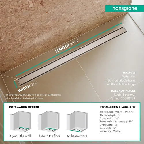 Miniatura 3 de hansgrohe RainDrain Match - Drenaje de ducha lineal para 23 5/8 pulgadas, con marco de altura ajustable en cromo, drenaje rectangular de acero