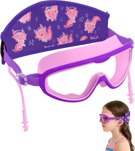 Miniatura 6 de Axolotl - Gafas de natación para niños pequeños, correa de tela, sin dolor, antiniebla, tapones para los oídos antifugas para niños y niñas Azul