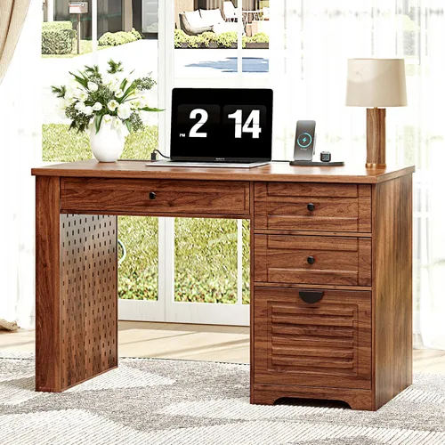 Miniatura 8 de Ieejdn 47" Home Office Desks, Executive Desk, Farmhouse Computer Desk with Drawers and Charging Station, File Drawer, Storage Cabinet, Rustic