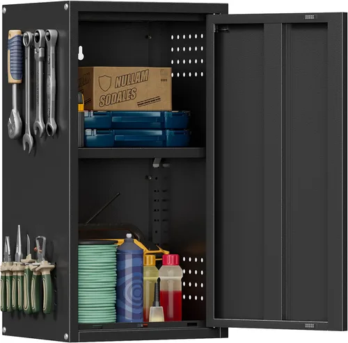 Miniatura 10 de Armario de Almacenamiento de Metal para Garaje con Ruedas, Armario para Escobas con Cerradura con Estantes Ajustables, Gabinete de Herramientas