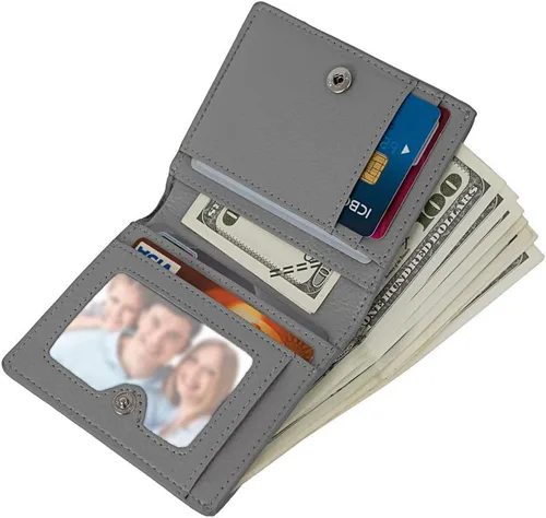 Miniatura 5 de Cartera de piel RFID pequeña compacta con bolsillo plegable para tarjetas, organizador de bolsillo para mujer, mini monedero con ventana