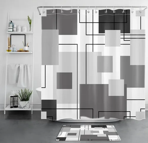 Miniatura 34 de LB Cortina de ducha geométrica a rayas grises y blancas, cortinas de ducha abstractas de mediados de siglo verde salvia para baño, 72 x 72 pulgadas