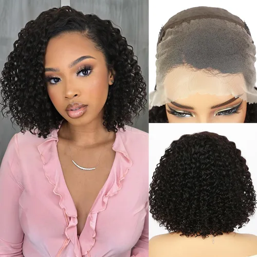 Miniatura 10 de Peluca de cabello humano corto con encaje frontal, rizada, sin pegamento, parte lateral, cabello humano virgen brasileño rizado con abuelitos