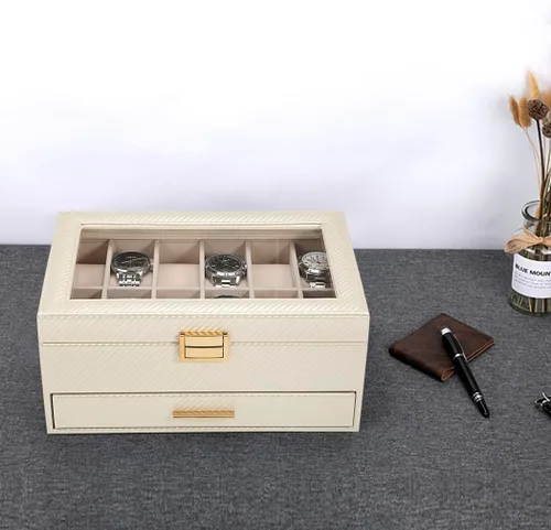 Miniatura 7 de Voova - Organizador de cajas de joyería para relojes para hombres y mujeres, 2 capas grandes con 12 ranuras, estuche de almacenamiento de relojes