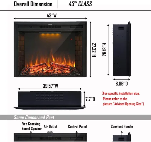 Miniatura 5 de Chimenea eléctrica de 43'' para insertar, chimenea eléctrica empotrada retro con sonido de chisporroteo, control remoto y temporizador, 750/1500W