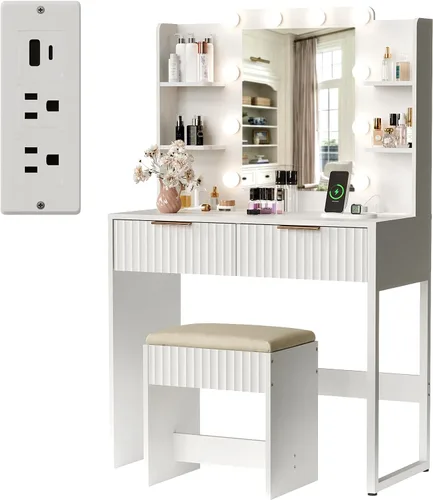 Miniatura 7 de VINGLI - Escritorio de maquillaje con estantes acanalados y espejo con luces y toma de corriente, mesa de tocador pequeña con 2 cajones y 4 estantes