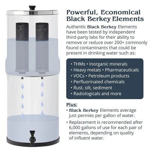 Miniatura 3 de Travel Berkey - Filtro de agua alimentado por gravedad con 2 elementos Berkey negros + 2 elementos de flúor Berkey PF-2 y reducción de arsénico, uso