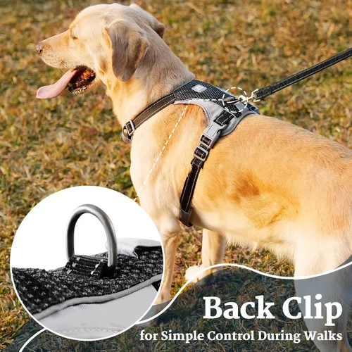 Miniatura 6 de Huntboo Arnés para perro sin tirones, chaleco totalmente reflectante con 2 clips para correa, sin estrangulamiento, ajustable, transpirable y Negro