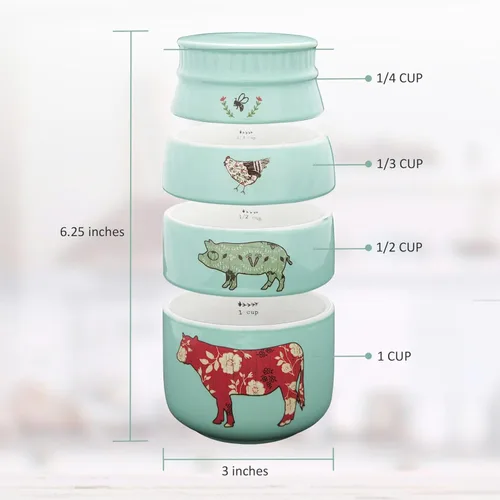 Miniatura 5 de Pavilion Gift Company - 'Live Simply Bee, Chicken, Pig, and Cow' - Juego de tazas medidoras de gres de 4 piezas, utensilios de cocina resistentes