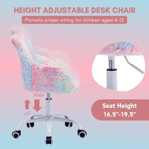 Miniatura 6 de LukeAlon Silla de escritorio ajustable para niños, silla de estudio peluda con base giratoria, bonita silla de lectura tapizada de piel sintética