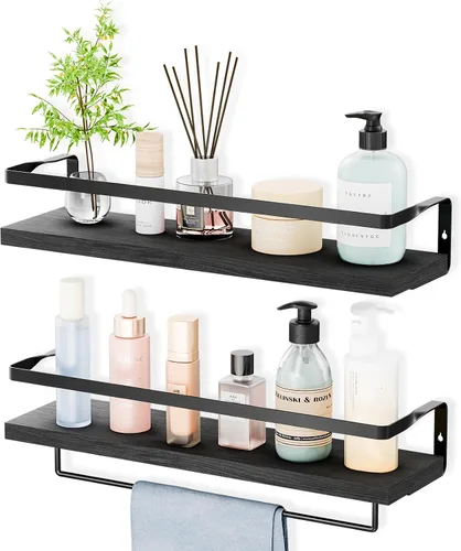 Estantes de baño con toallero, estantes flotantes para baño, cocina, dormitorio, madera de paulownia, marco de metal negro mate, juego de 2 unidades