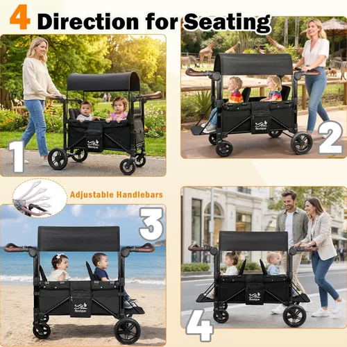 Miniatura 2 de Cochecito para 2 niños, cochecito todo terreno con extensor extralargo, vagón plegable de aluminio con asientos convertibles, toldo extraíble