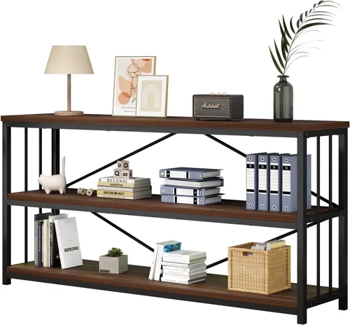 Miniatura 13 de IBF - Librero bajo rústico de 3 niveles, estantería industrial horizontal de madera, estantería larga y ancha de estilo granja de metal, estantería