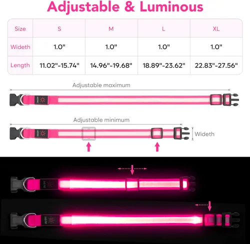 Miniatura 5 de Vizpet Collar para perro con luz LED, ajustable, recargable por USB, superbrillante, luz de seguridad brillante para perros (M, rosa)