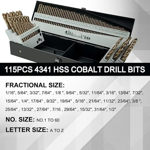 Miniatura 3 de Juego de 115 brocas de cobalto, acero de alta velocidad, punta de 135 grados, kit de brocas helicoidales de longitud estándar para metal endurecido