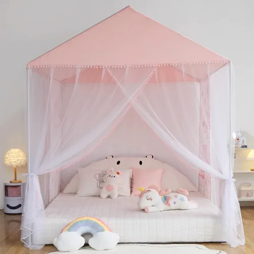 Miniatura 6 de Akiky Mosquitera para niñas con castillo de princesa pompón para interiores y exteriores, red para cama para niños, no incluye postes de cama Rosa