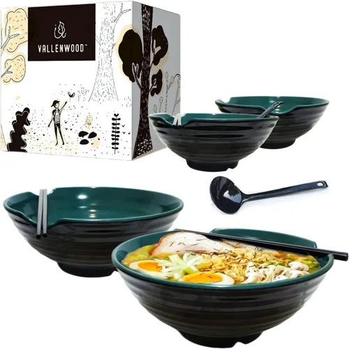 Miniatura 10 de Juego de 4 cuencos de ramen XL. 12 piezas Pho Bowls. Sopa japonesa asiática. Utensilio: cucharas y palillos. Melamina, grande 52 oz. Fideos, arroz