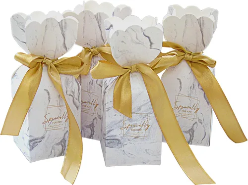 Lontenrea 50 cajas de dulces para boda, fiesta de cumpleaños, caja de regalo con 50 cintas doradas para decoración
