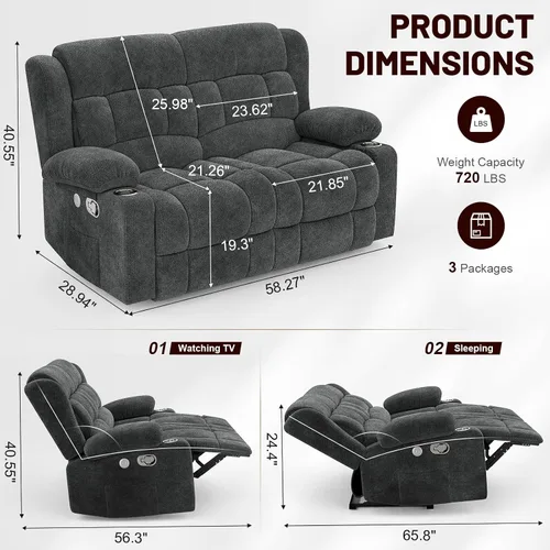 Miniatura 2 de Juego de Sofá Reclinable de Dos Plazas con 2+1 Piezas, Sillón Reclinable Minimalista de 2 Plazas con Pestaña de Tirón Manual, Tela con Puertos